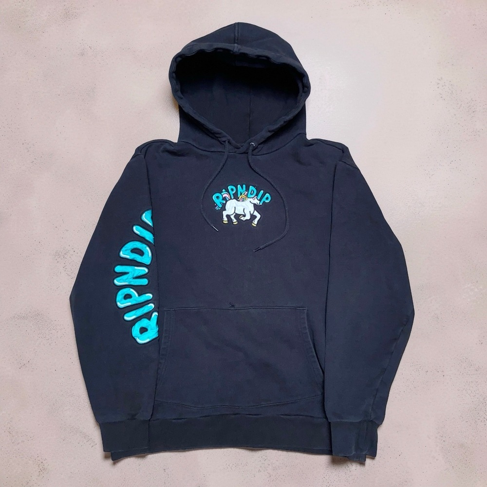 RIPNDIP Mens M Black Rainbow Unicorn Cat Graphic Pullover Hoodie